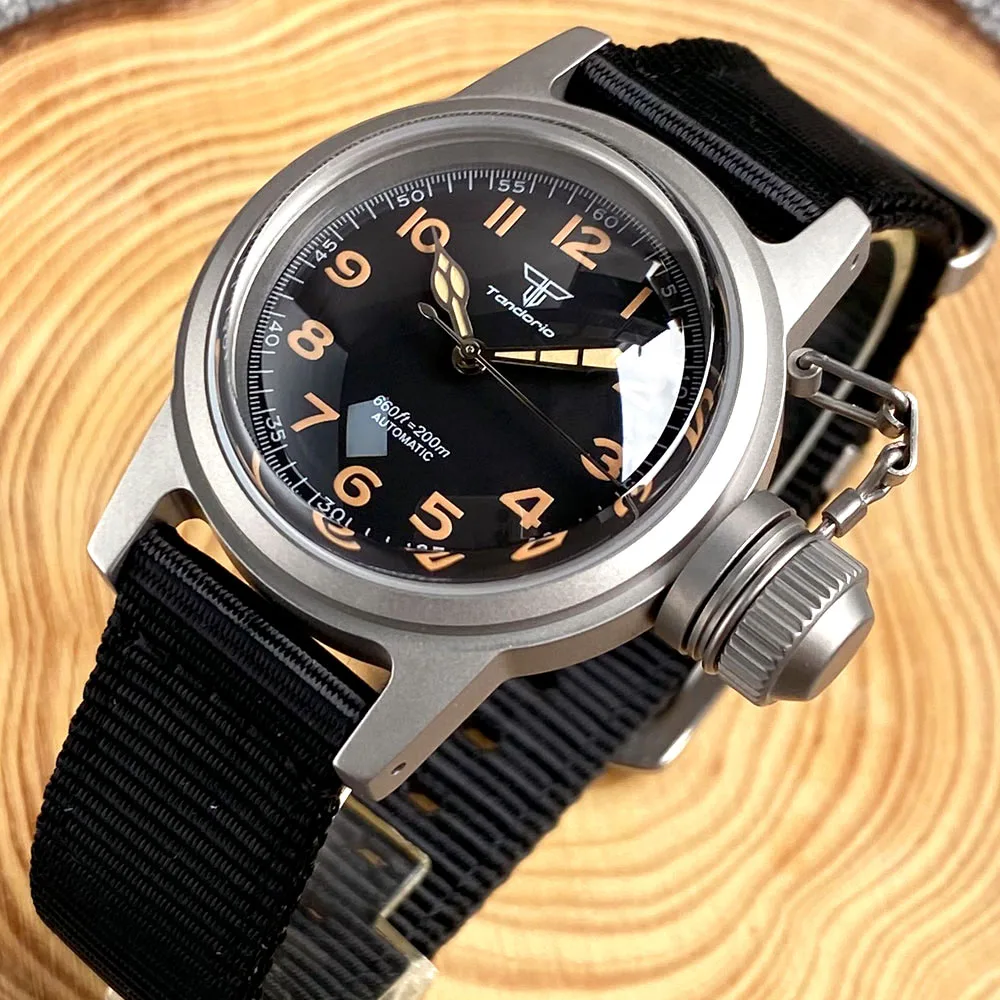 Tandorio 36mm Military Mechanical Watch Men Japan NH35 Movt Arched Domed Sapphire Glass Big Crown Sandblasted Case Vintage Clock
