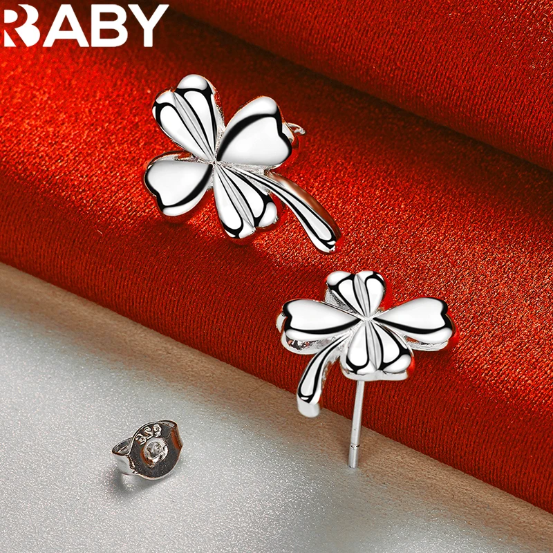 

URBABY 925 Sterling Silver Lucky Grass Clover Stud Earrings For Women Fashion Wedding Engagement Party Charm Jewelry Gifts