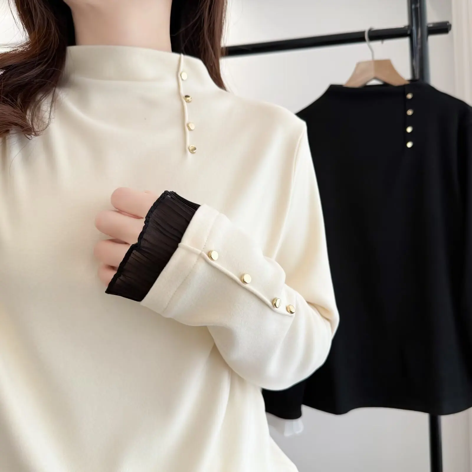 XXXXL Fashion Plus Size Woman Clothing T-Shirt New Korean Style Mock Neck Base Tops For Autumn And winterDe Velvet Warm Tees 553