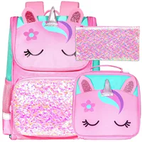 3PCS Backpack for Girls and Boys 15" Kids Sequin Bookbag with Lunch Box Unicorn Dinosaur Cat Pink Purple Blue Green School Bag 1