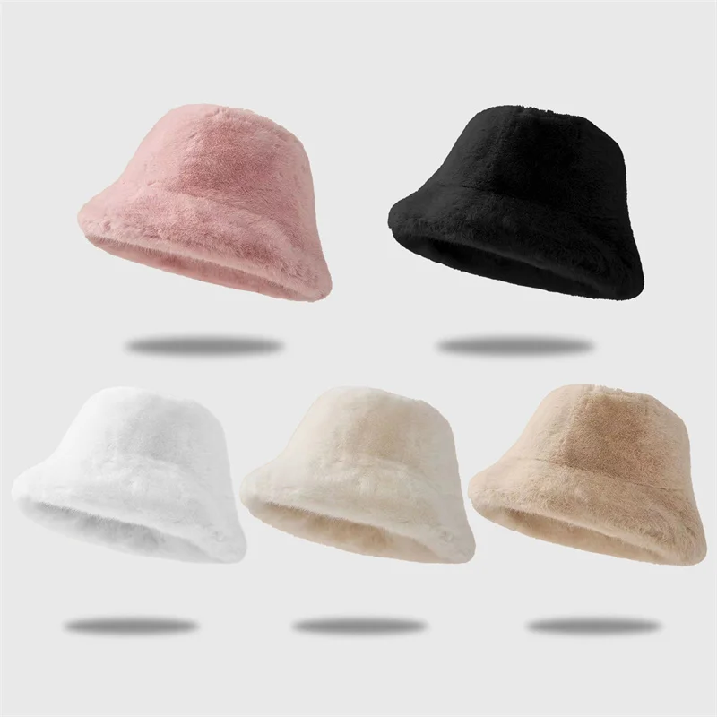 Fashion Fluffy Faux Fur Bucket Hat For Women Luxury Plush Fisherman Hat Warm Winter Thicken Cold Snowy Day Panama Cap