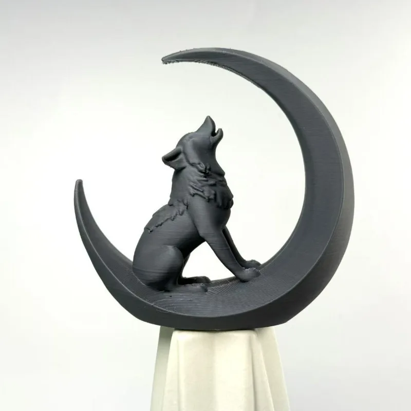 3D Printed Wolf and Moon High Aesthetic Creative Desk Decor Office Tabletop Mini Sculpture Modern Home Desktop Ornament Gift