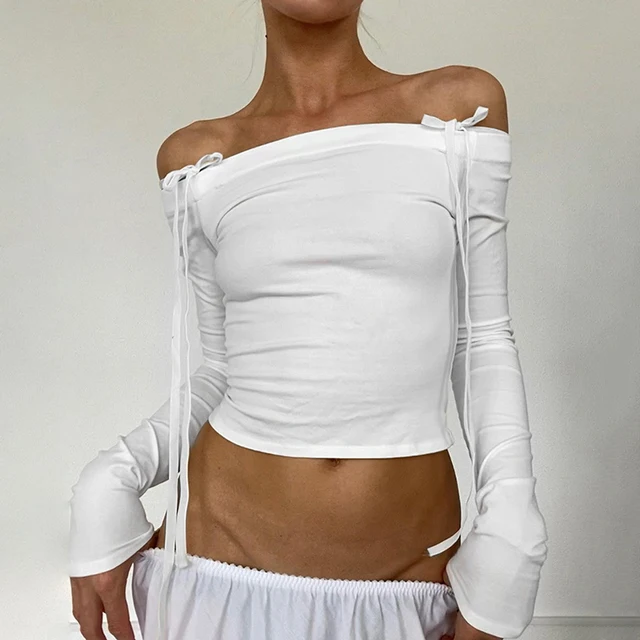 Women Off Shoulder Long Sleeve T Shirts Autumn Y2K Elegant White Crop Tops Skinny Strapless Casual Basic Tees Bow