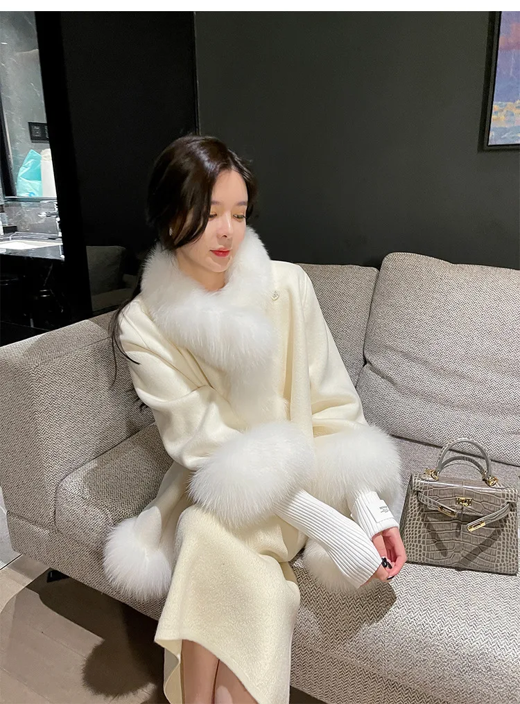 Women Winter Real Fox Fur Collar Double-sided Cashmere Loose Jacket Long Sleeves Coat Luxury One Button Cardigan Woolen Overcoat winter autumn christmas red black loose long wool coat jacket belt woolen overcoat korean women split hem cardigan outerwear xl