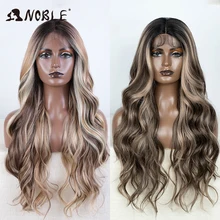 Noble Synthetic Lace Front Wig With Baby Hair Body Wavy Wigs For Women 28 Inch Ombre Brown Higlight Lace Wig Cosplay Lace Wig