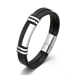 Men's Multi - Strand Braided Leather Bracelet with Stainless Steel Clasp - Trendy Fashion Jewelry Gift - 21cm (Silver Color)