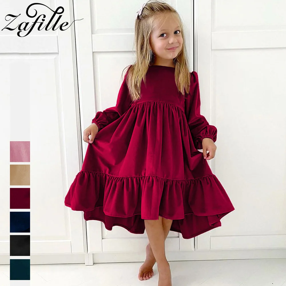 

ZAFILLE 7-12Y Kids Girls Ruffle Suede Dress Party Birthday Baby Costume Long Sleeve Autumn Children Clothing Solid Girls Dresses