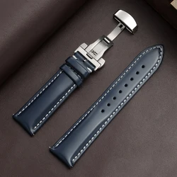 Premium Waterproof Leather Wristband with Butterfly Clasp and Handmade Stitching - 22mm (Blue White)