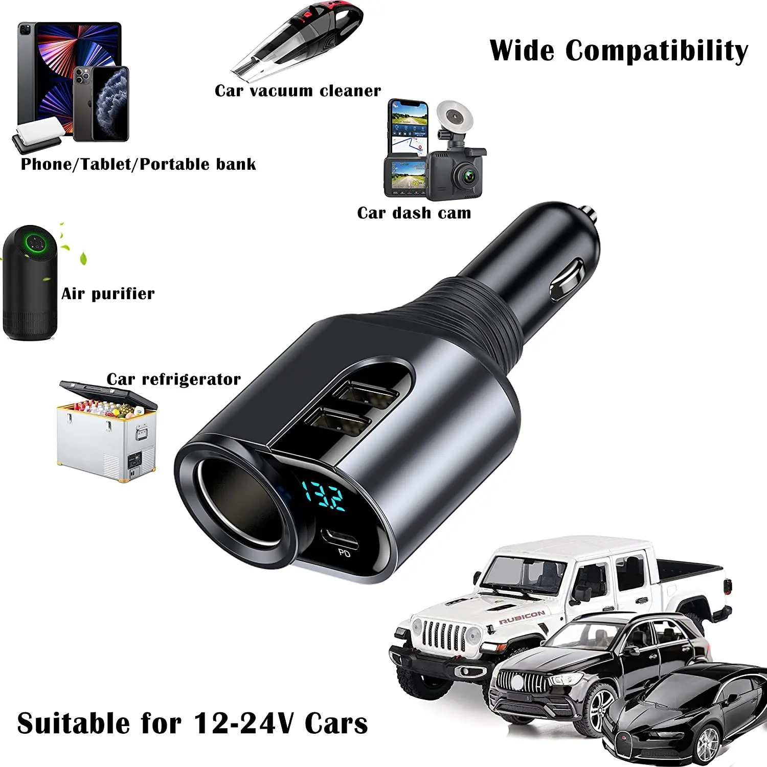 New Car Charger Lighter Adapter 4 in 1 Car Cigarette Splitter Type C Dual USB Po