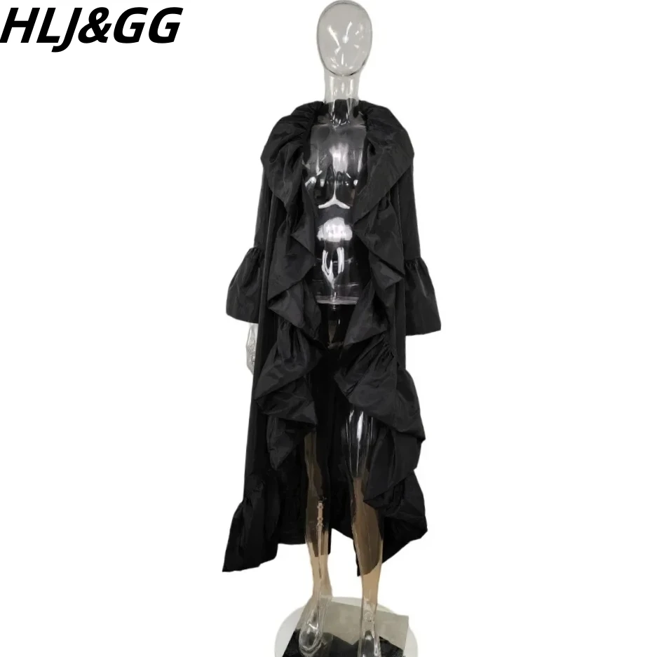 HLJ&GG Fashion Streetwear Women Long Sleeve Ruffle Design Outerwear Casual Female Solid Color Loose Windbreak Coats Female Tops