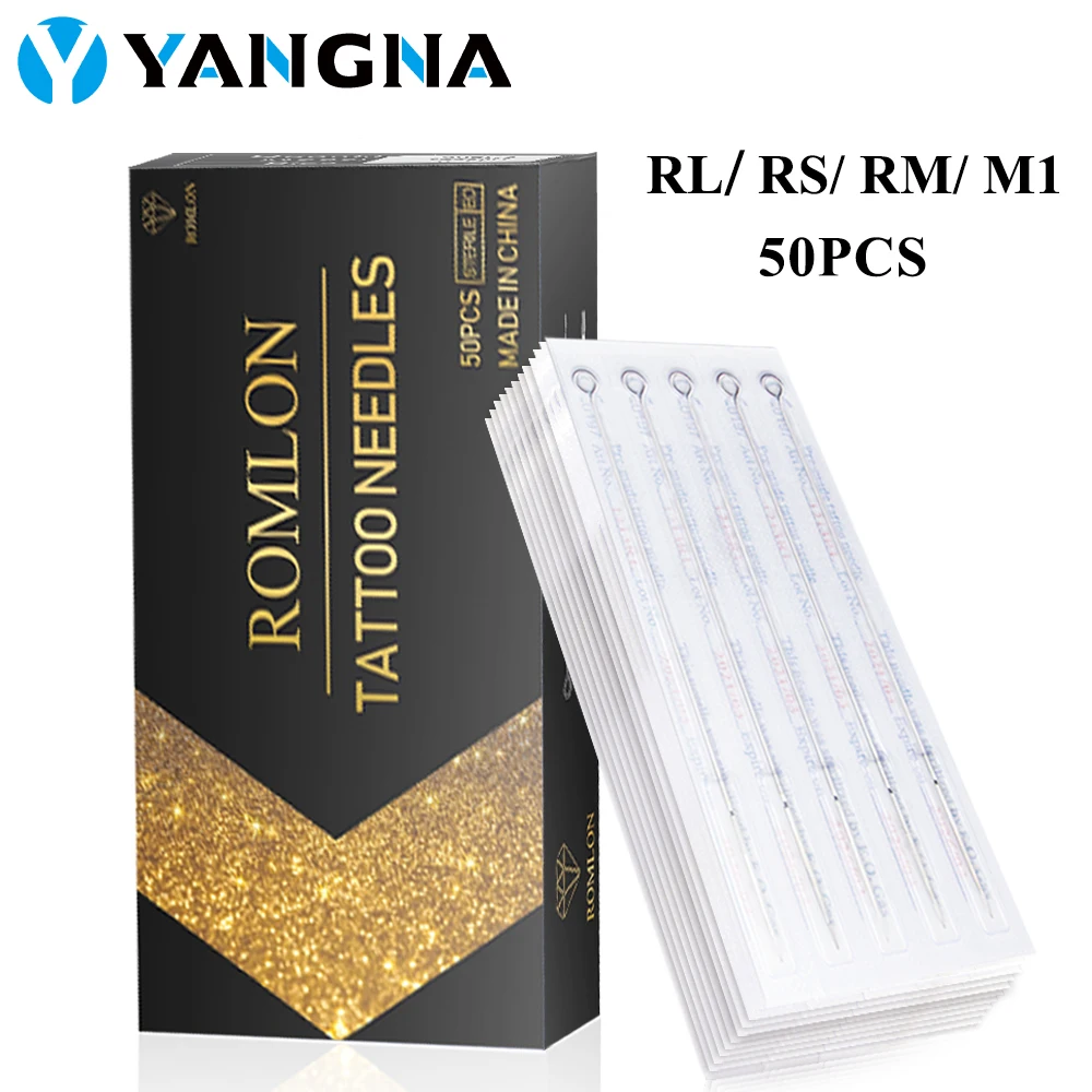 ROMLON Tattoo Needles 50Pcs RL/RS/RM/M1 Disposable Sterilized Stainless Steel Tattoo Machine Needles for Makeup Tattoo Supplies