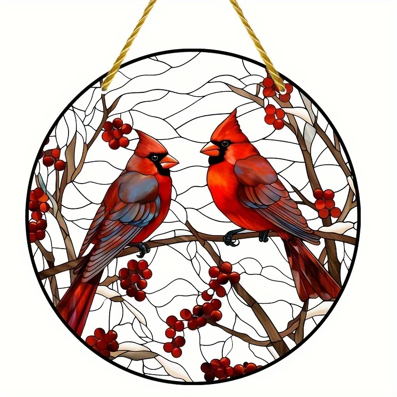 Cardinal Stained Glass Sunshade - Vibrant Acrylic Hanging Ornament with Cranberry Accents - Circular Art Decor for Windows