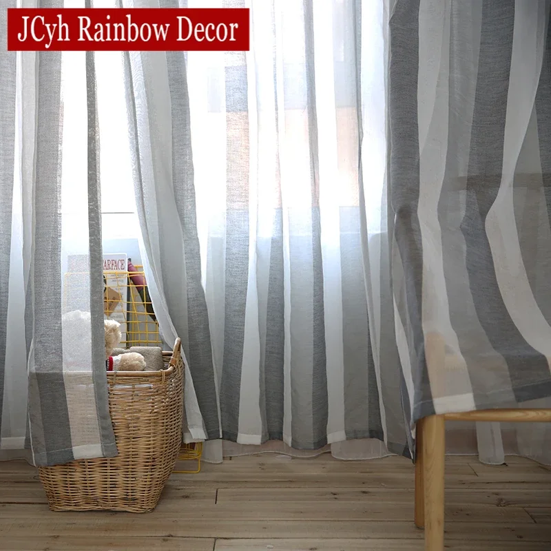 Stripe Sheer Tulle Curtains For Living Room Bedroom Voile Curtains For Window Gray Linen Fabric Modern Drapes