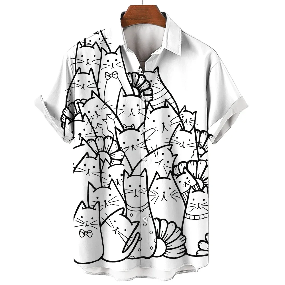Men's Short Sleeve Shirt Fashion Cartoon Line Cat Pattern Print Top Women's Casual Button Shirt Top 4