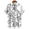 Men's Short Sleeve Shirt Fashion Cartoon Line Cat Pattern Print Top Women's Casual Button Shirt Top 4
