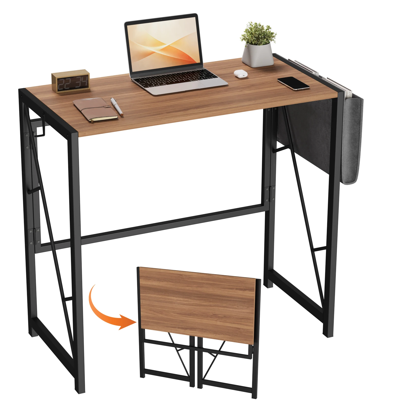 Folding Desk with Storage Pocket for Small Spaces, 80cm Foldable Desk with Headphone Hook for Bedroom Home Office, Portable Writing Table, Easy Assembly
