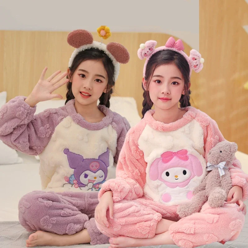 

New Kawaii Sanrio Kuromi Cinnamoroll My Melody Children Winter Pajamas Pochacco Cute Coral Velvet Thickened Boy Girl Homewear