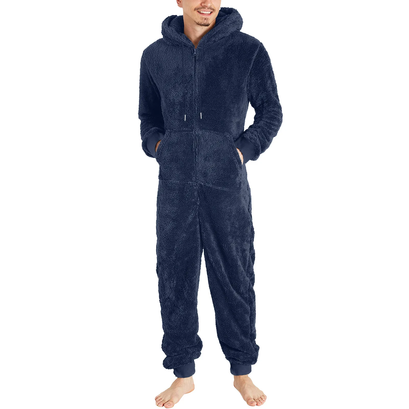 Winter onesie pajamas Men Artificial Wool Long Sleeve Pajama Men's Hooded Jumpsuit Pajamas Warm 1 Piece Suit Fleece On Sleepwear