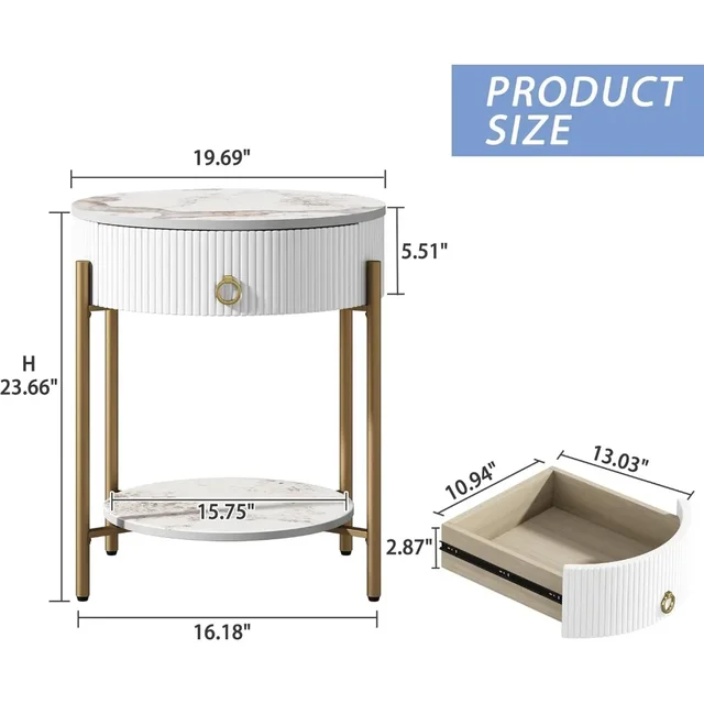 Modern End Table with Storage Drawer, Round 2-Tier Nightstand with Shelf 5