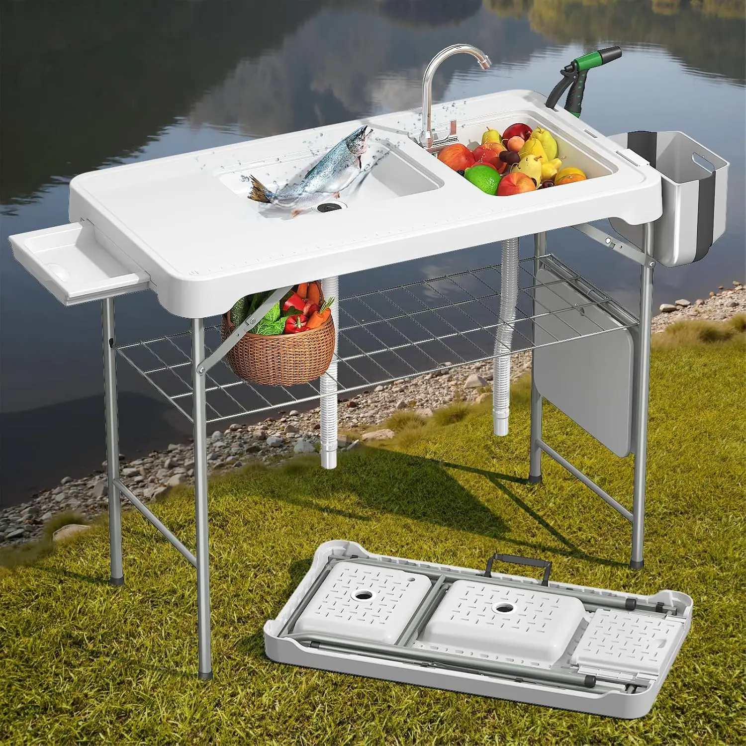 Folding Fish Cleaning Table with 2 Sinks 1