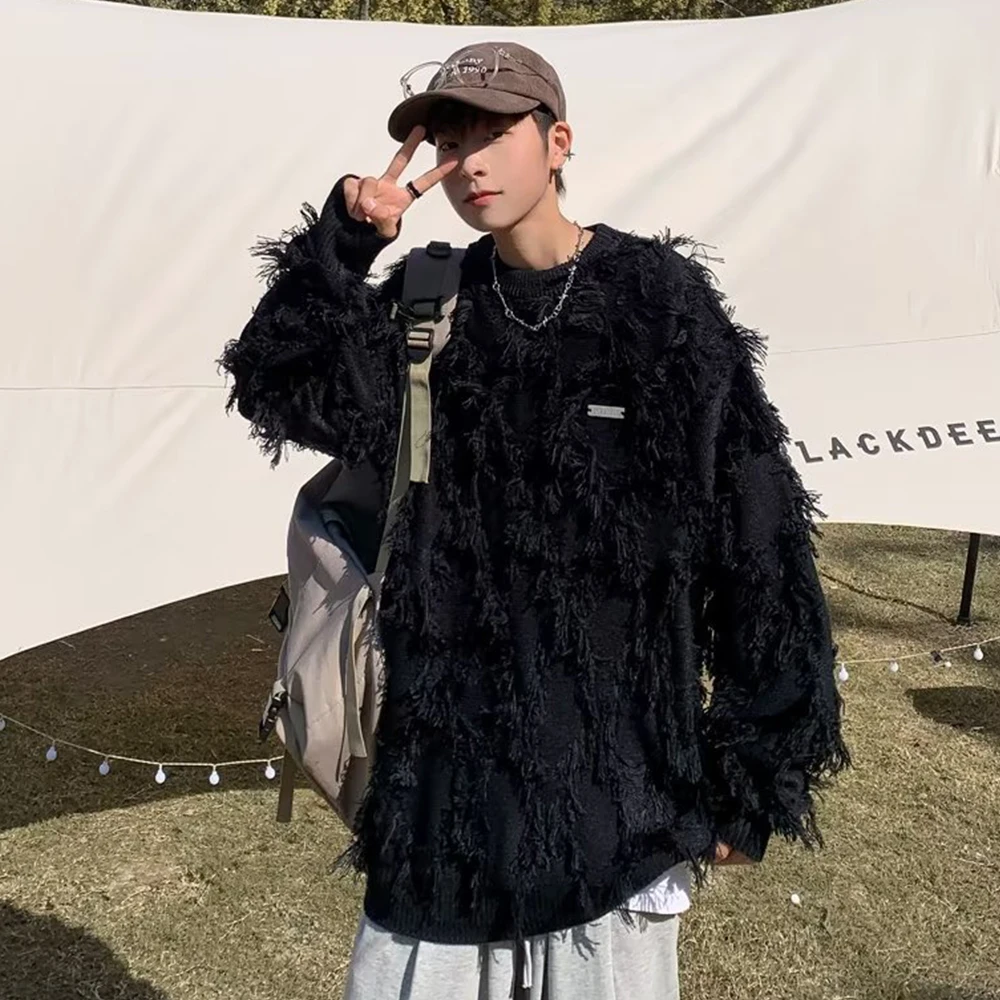 

Tassel Oversized Korea Style Beige Sweater Men Round Neck Knitwear Men's Sweater Boy Students Clothing