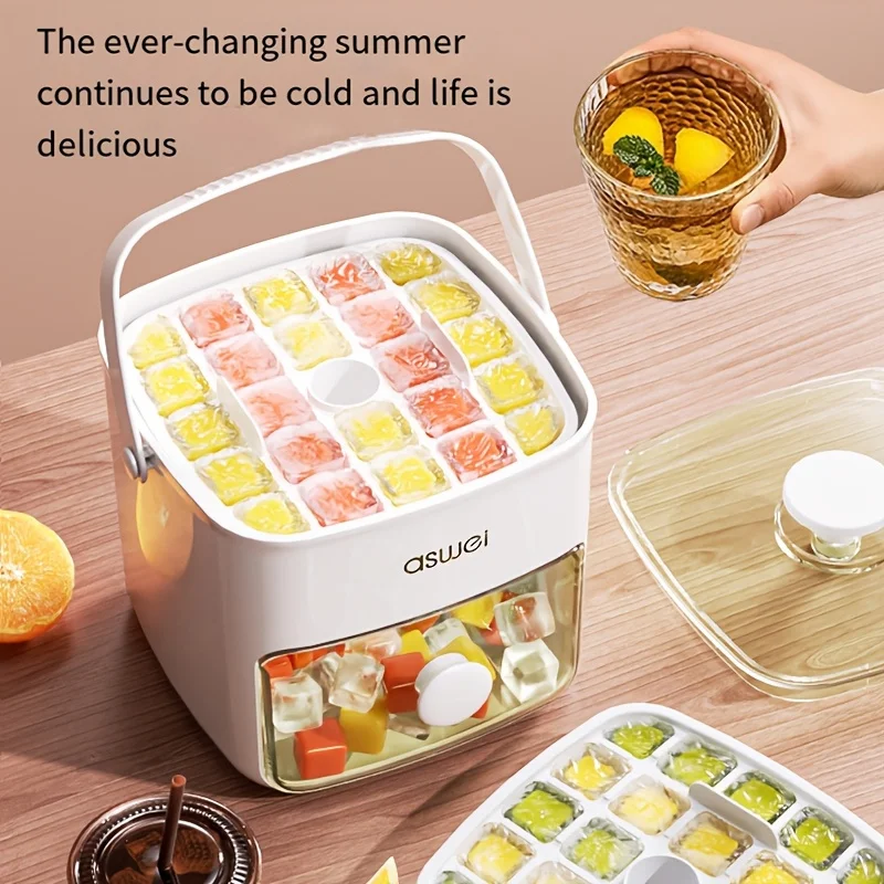 1pc Large Ice Maker Easy Press Lid 48 Ice Cubes Double Layer Food Grade Plastic Refrigerator Storage Rack for Whiskey Cocktails