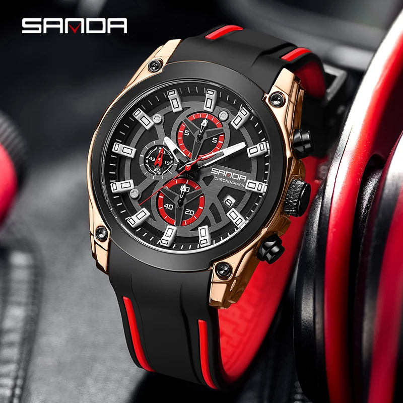 2023 New Quartz Silicone Waterproof Three Eyes Six Pin Fluorescent Watch Fashion Simple Calendar Pin Scale Sanda 5307