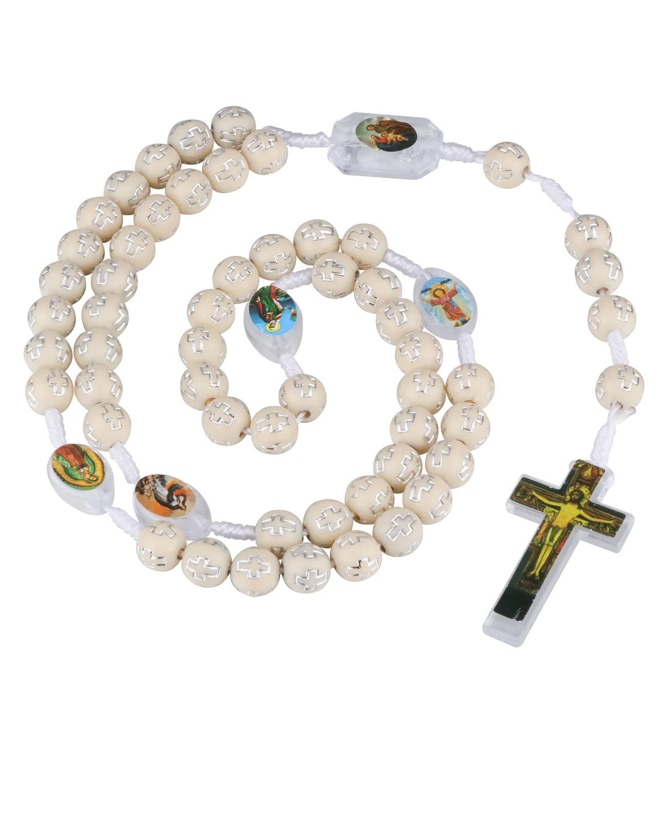 Baumwolle katholische weiße Rosenkranz Gebets kette Acryl lose Perlen mit Seil kette Charms Geschenke für Frauen religiösen Schmuck – Detail 4