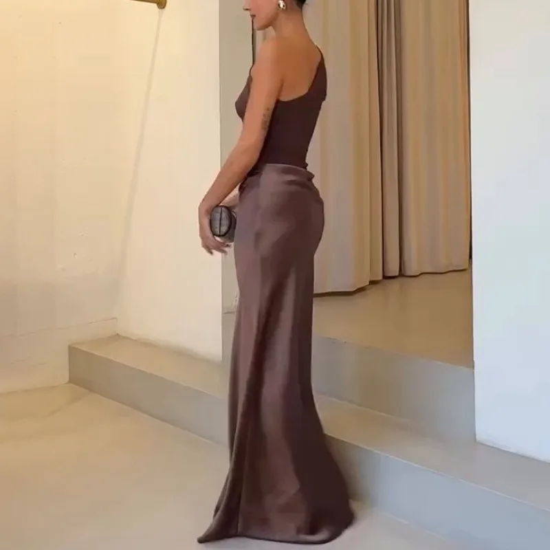 Patchwork Satin Sexy One Shoulder Women Maxi Dress Vintage Sleeveless Evening Dress Slim Elegant Party Birthday Clubwear