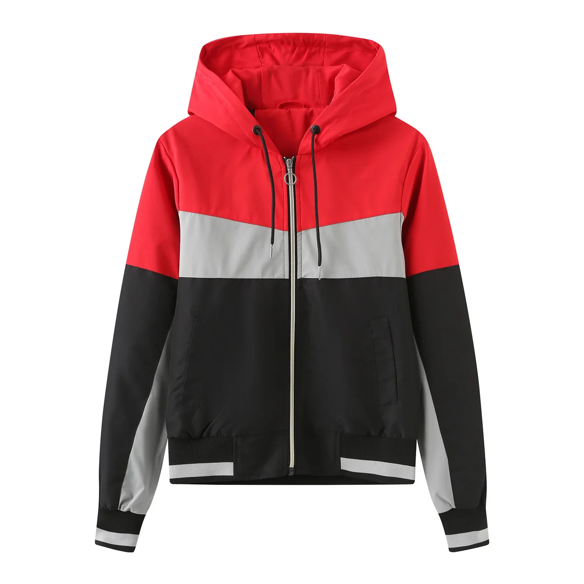 

2023 Spring and Autumn New Thin Hooded Windbreaker Women's Insert Color Long Sleeve Zipper Drawstring Coat 517