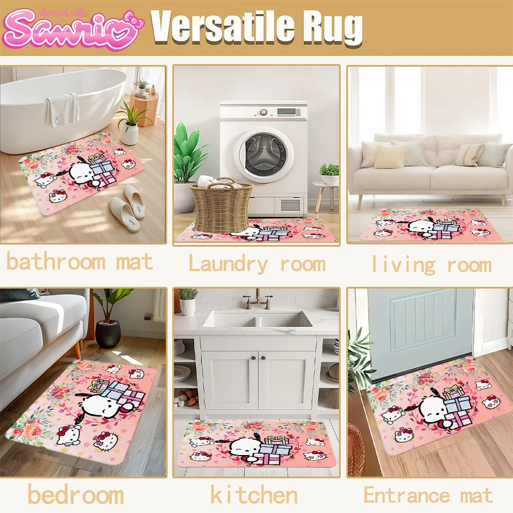 귀여운 포차코 얼굴과 상징적인 의상을 갖춘 산리오 포차코 흡수성 도어매트 - 고무 뒷면 고밀도 플란넬 바닥 매트 수티아