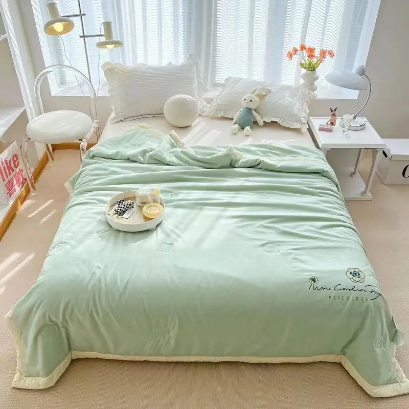 SummerBlanketQuiltCottonSoftCamelliaFlowerEmbroiderySolidColor