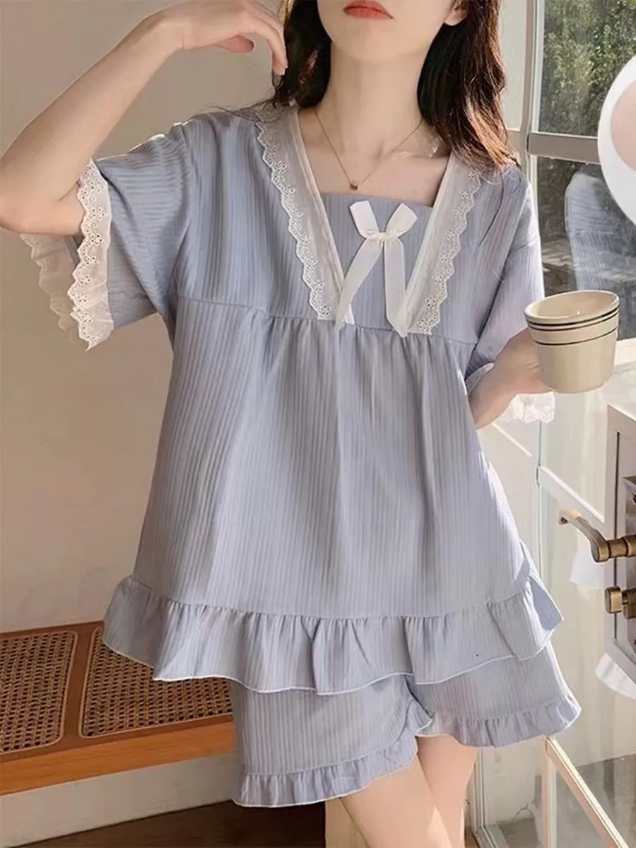 여성을위한 여름 짧은 소매 잠옷 세트 가슴 패드와 귀여운 공주 스타일 홈 의류 투피스 폴리 에스터 섬유 세트