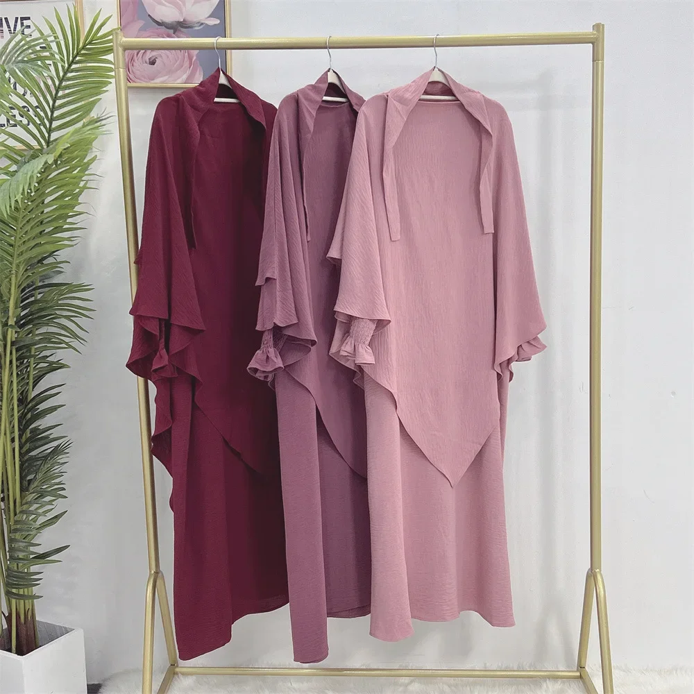 Khimar Set 2 Piece Abaya Crinkle Fabric Smocked Cuff Dress+Two Layer Hijab Scarf Muslim Women Prayer Dress Islamic Clothes Dubai