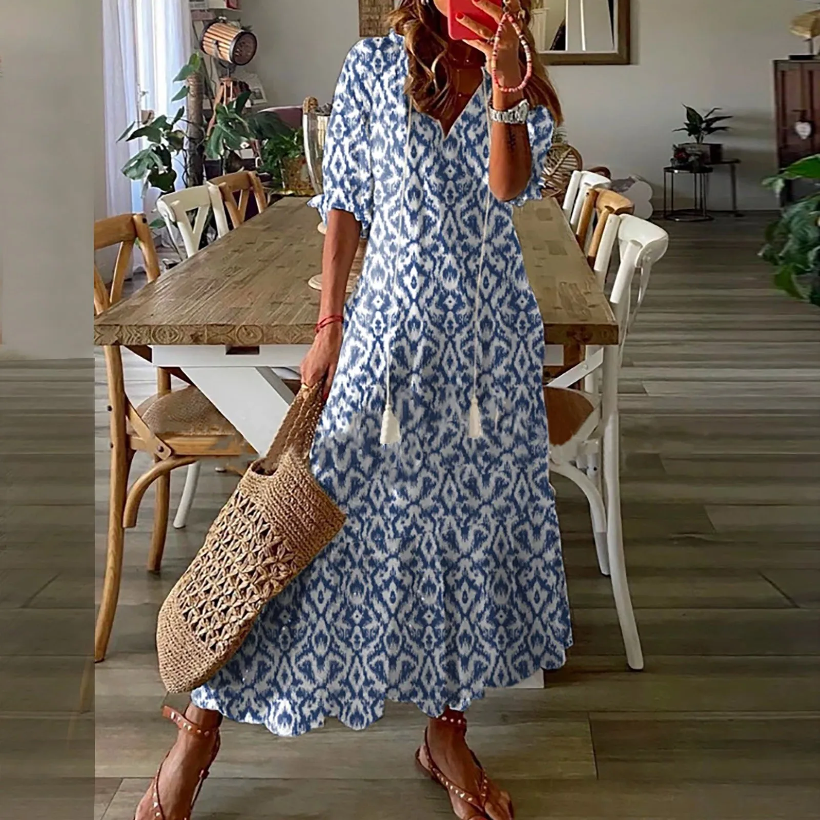 

Women Vintage Long Dress 2023 Summer Bohemian Print V Neck Half Sleeve Dresses Casual Drawstring Lace Up Loose Beach Dress Robe