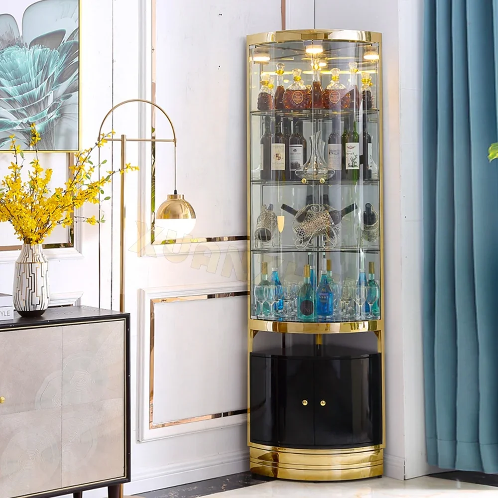 Modern Living Room Stainless Steel Metal Frame Wine Display Cabinet Luxury Double Door Glass Corner Bar Wine Storage Cabinet