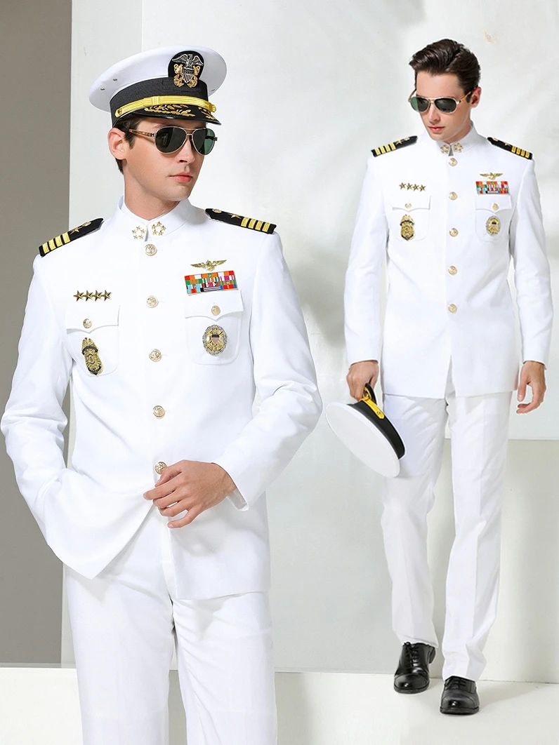 

American White Sailor Uniform Suit Men‘s Wedding Annual Evening Dress Performance Costumes Doorman Security Work Clothes