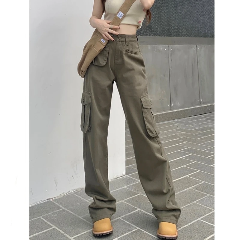 Women Green Cargo Pants High Waisted Vintage Fashion Leisure Straight