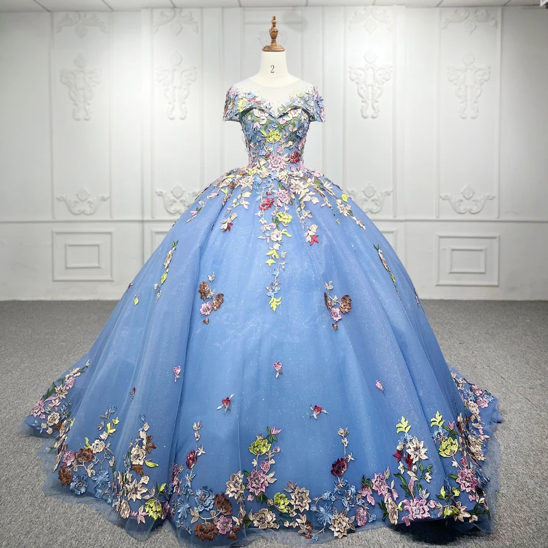 Princess Blue Evening Dresses Ball Gown Quinceanera Dress 2022 Flower Off The Shoulder Lace up Backless DY9942 Robe De Mariée 10