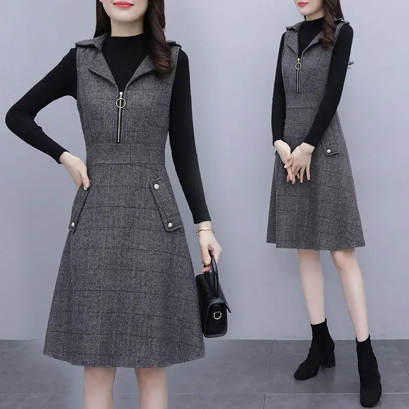 Casual Woolen Dress Two Peice Suit Women Gray Turn Down Collar Sleeveless Dress And Pullover Sweater Outfits Oversized Plaid Set