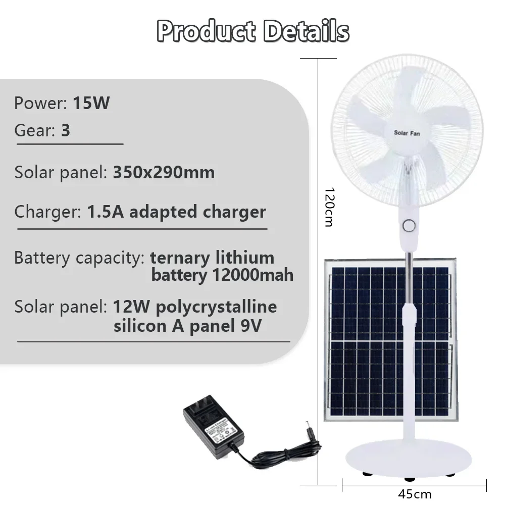16'' Rechargeable Fan Outdoor Solar Floor Fan Travel Adjustable Speed Camping Silent Lithium Battery Family bedroom solar power fan