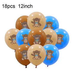 Whimsical Teddy Bear Party Balloons - 12 Blue, Brown & Gold Latex Decor for Birthday or Baby Shower (18pcs)