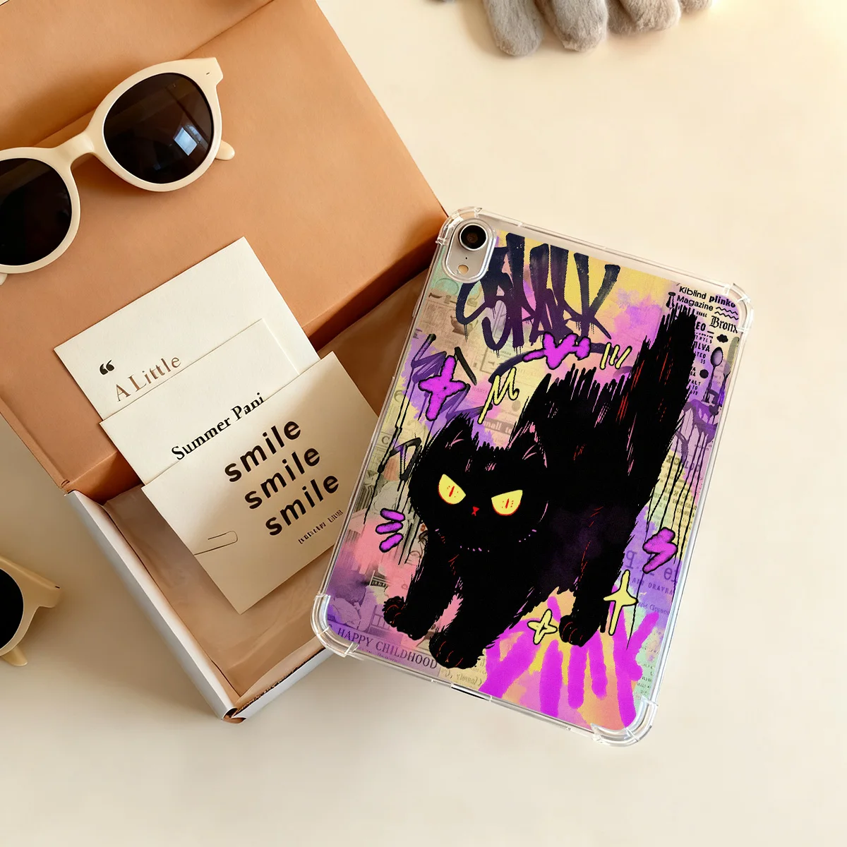 Transparent Tablet Case with Black Graffiti Cats Design