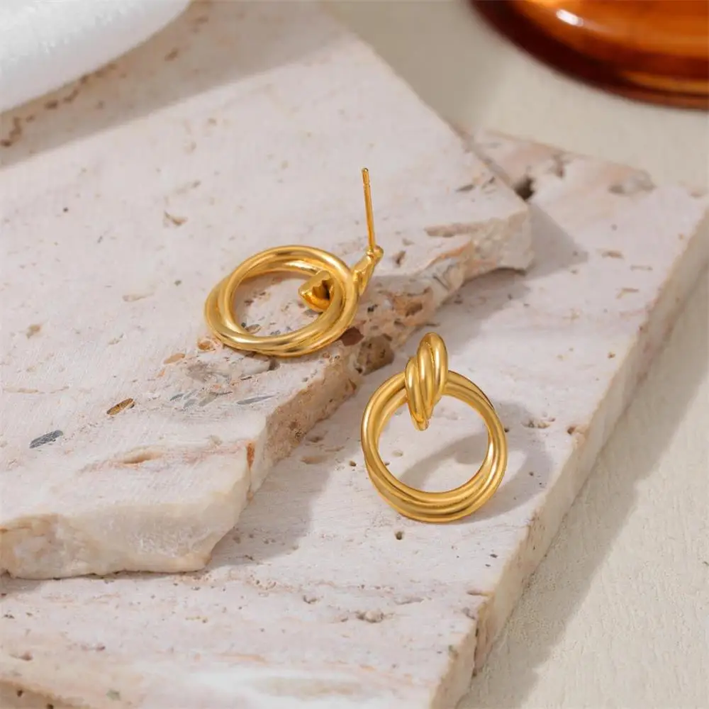 Stylish Gold Color Knot Ear Stud Double-layer Circle Twist Hoop Huggie Earrings Hypoallergenic Statement Jewelry for Women Aros