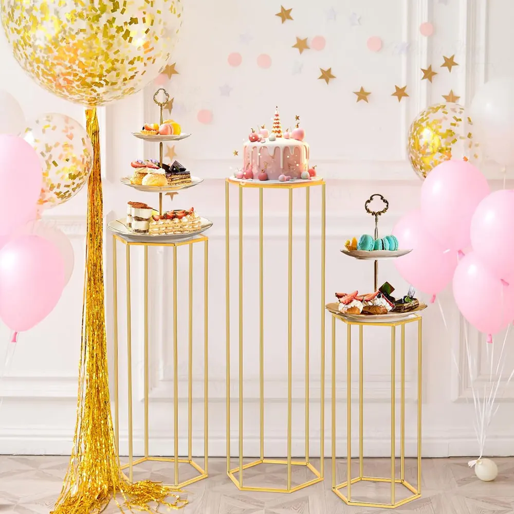 Set Of 3 Cylinder Pedestal Stands - Rose Gold Metal Display Stands For Cakes, Plants, Decor (Tall, Medium, Small)