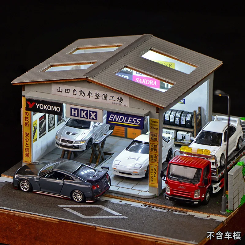 1:64 Scale DIY Auto Repair Shop Diorama Kit with LED Lights, Miniature Garage Workshop for Model Car Display