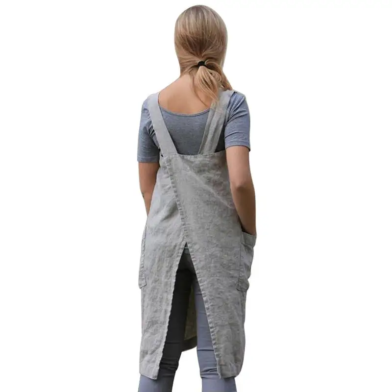 Japan Style Cotton Linen Aprons, Solid Color Cross Bandage X Shape Back Kitchen Cooking Clothes