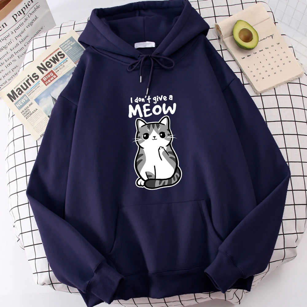 

I Don'T Give A Meow Funny Cat Cartoon Animalmale Hoodies Vintage Casual Clothes Classic All-Match Hoodie Fleece Loose Clothing