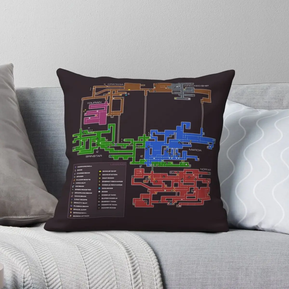 Super Metroid Game Map Federa Quadrata Poliestere Lino Velluto Creativo Zip Federa Decorativa Fodera Per Cuscino Della Stanza