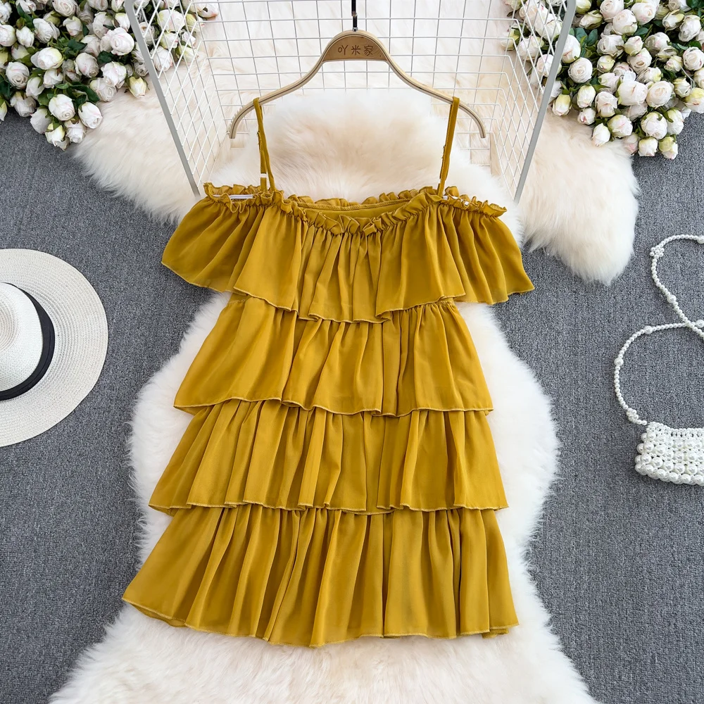 

2023 New Arrival Girl Fashion Sexy Shoulder Hollow Out Slip Dress Holiday Seaside Dress Women Ruffles Slash Neck Slip Mini Dress